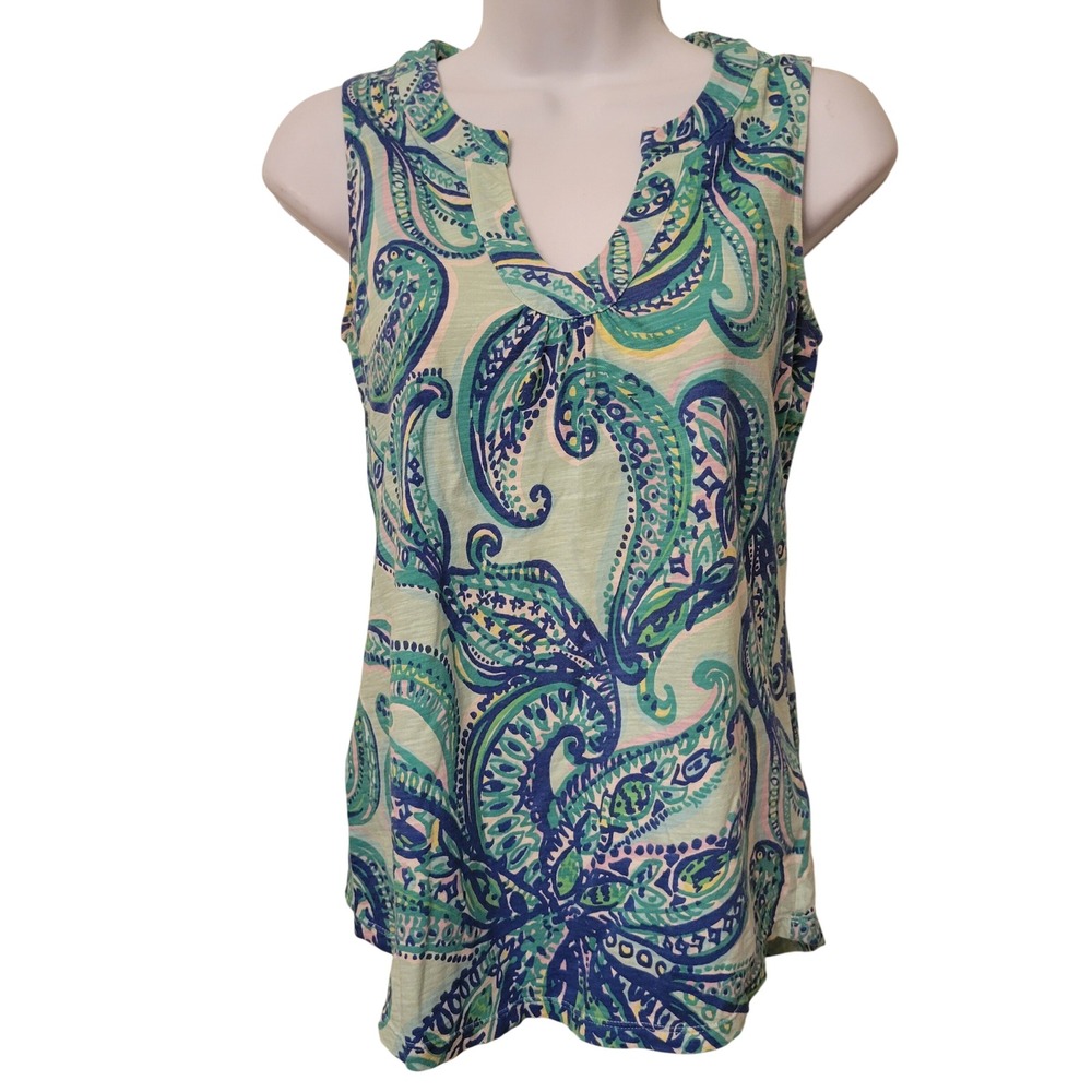Lilly Pulitzer XS Top Sleeveless V Neck Blue Green Paisley Tank MARLOWE